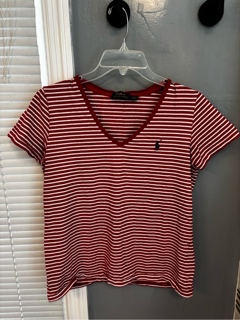 Ralph Lauren Red and White Striped V-Neck Tee